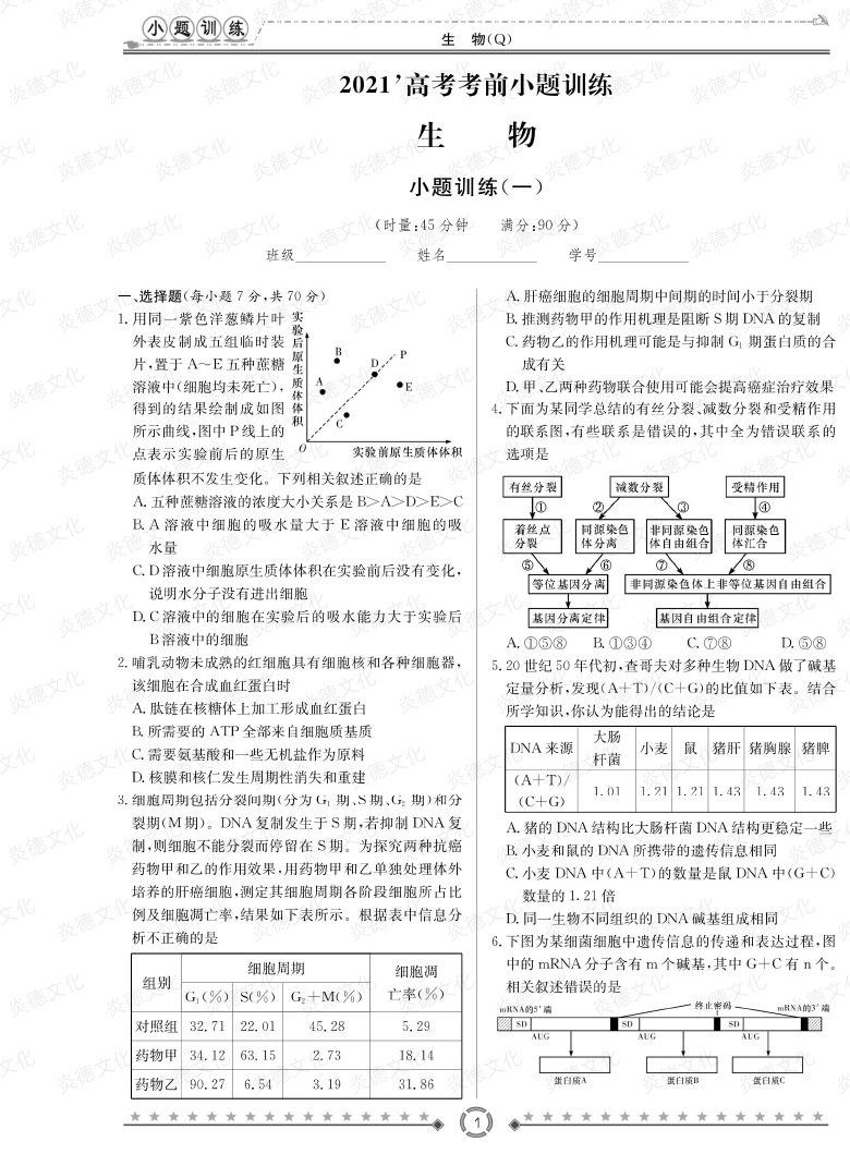 [生物]長郡中學(xué)2021高考考前小題沖刺訓(xùn)練（老高考）