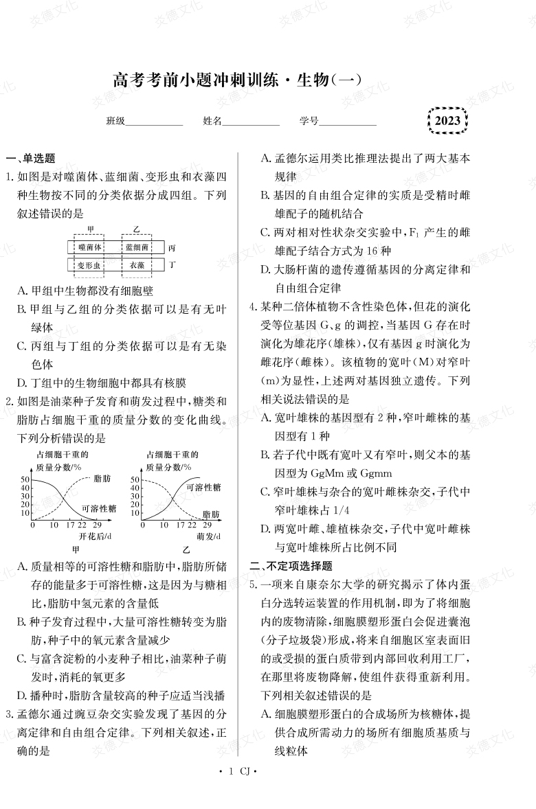 [生物]湖南師大附中2023高考考前小題訓練